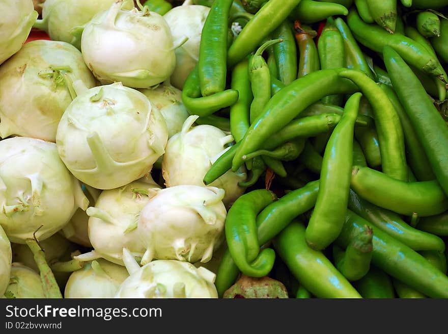 Close up of kohlrabi and capsicum on market stand. Close up of kohlrabi and capsicum on market stand