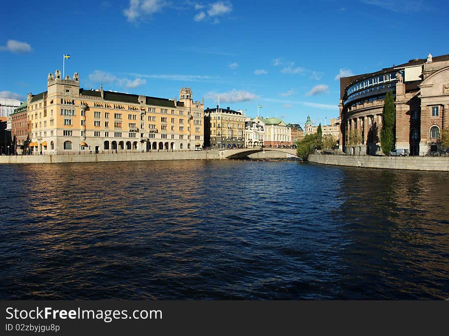 Old houses and the pariliament building, Stockholm, Sweden. Old houses and the pariliament building, Stockholm, Sweden