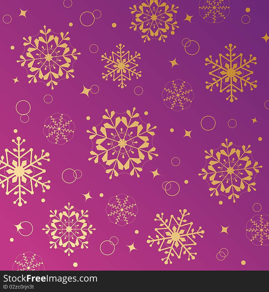 Violet christmas pattern with golden snowflakes