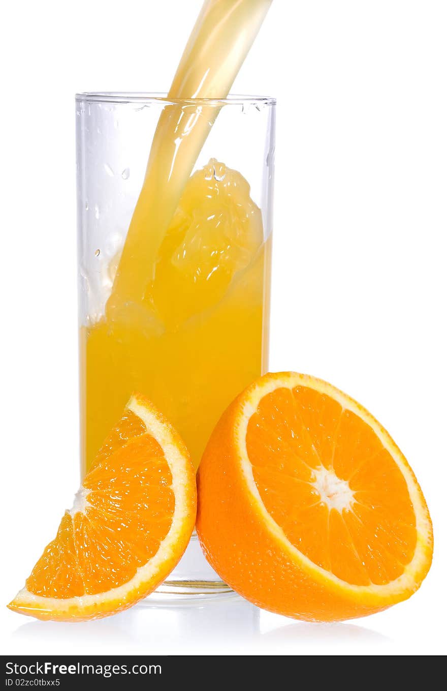 Orange juice with slice of orange on white background