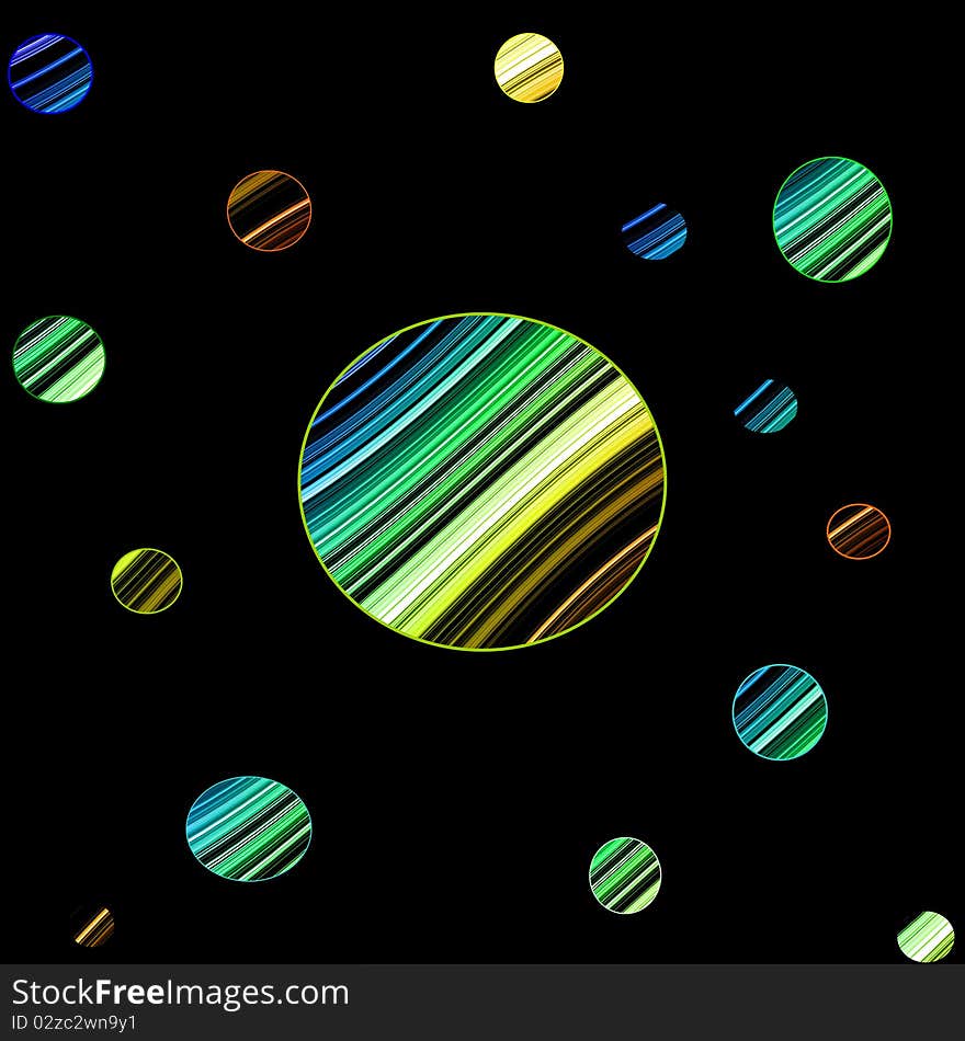 A black background with multicolor stripes circles of different size. A black background with multicolor stripes circles of different size