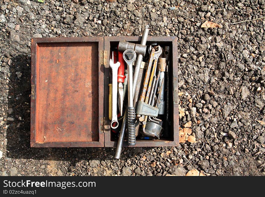 Set old instrument in wooden box. Set old instrument in wooden box