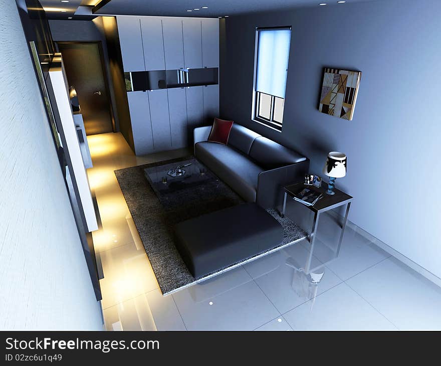 Interior fashionable living-room 3D rendering. Interior fashionable living-room 3D rendering