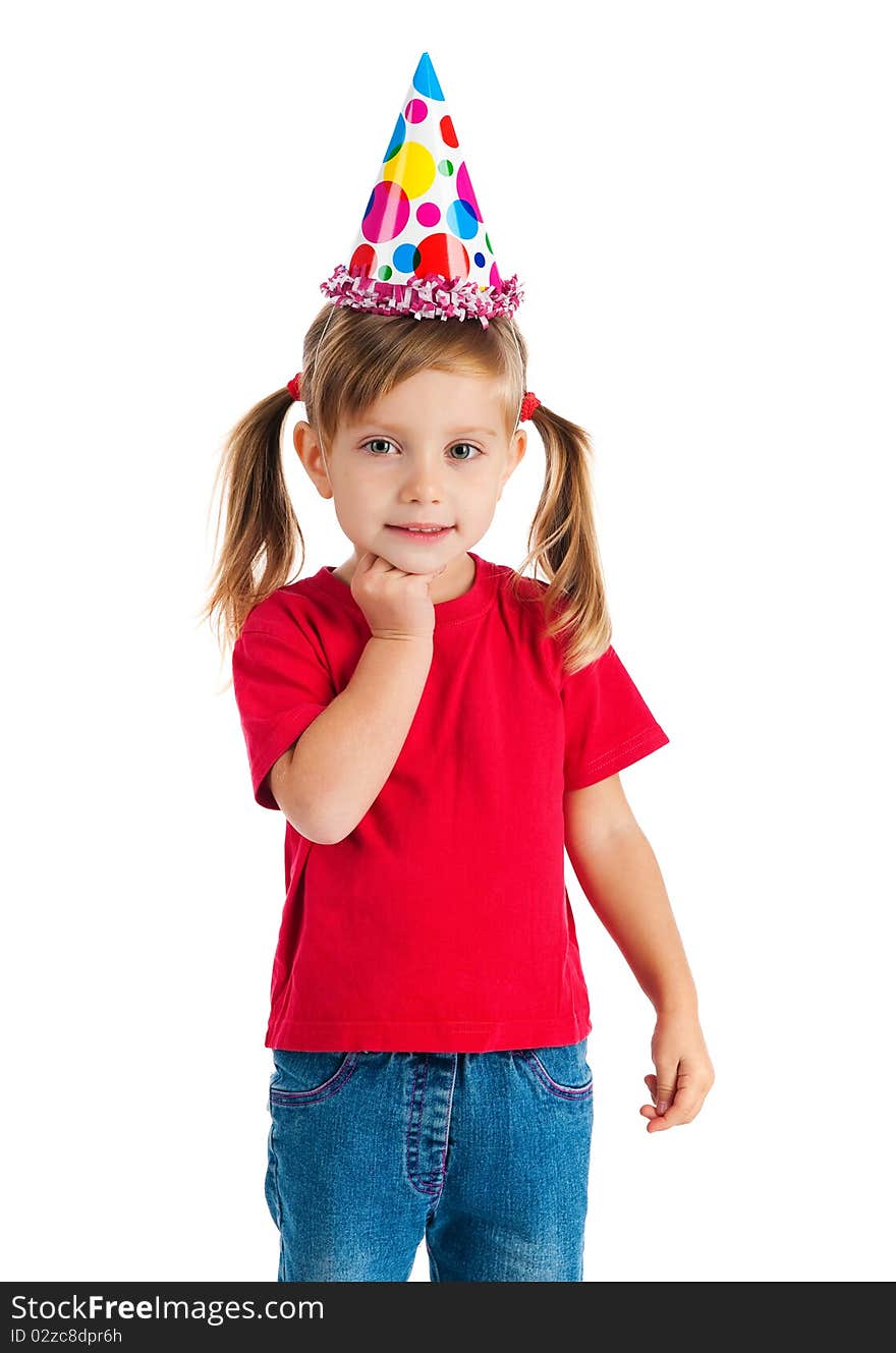 Funny girl in birthday cap on white