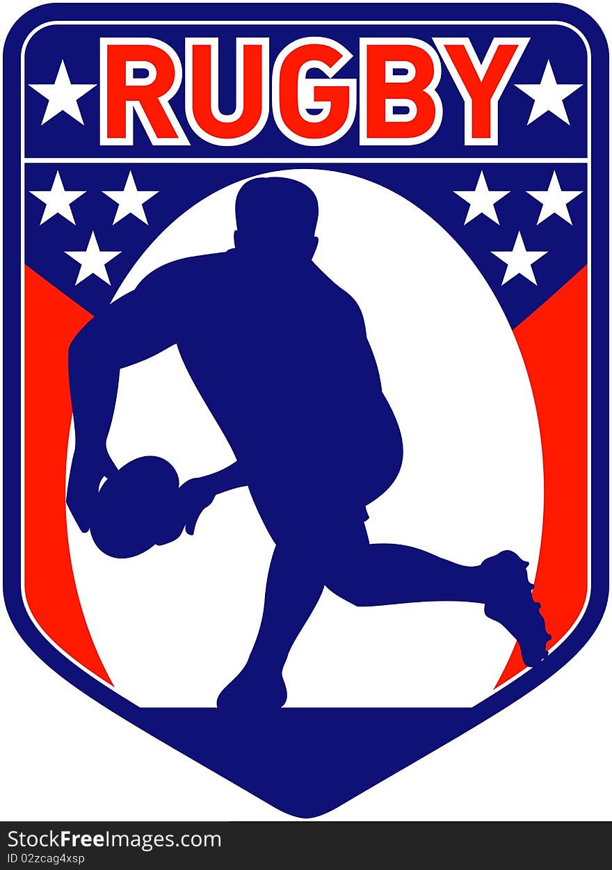 Retro style illustration of a rugby player passing ball viewed from front with shield in background and words rugby