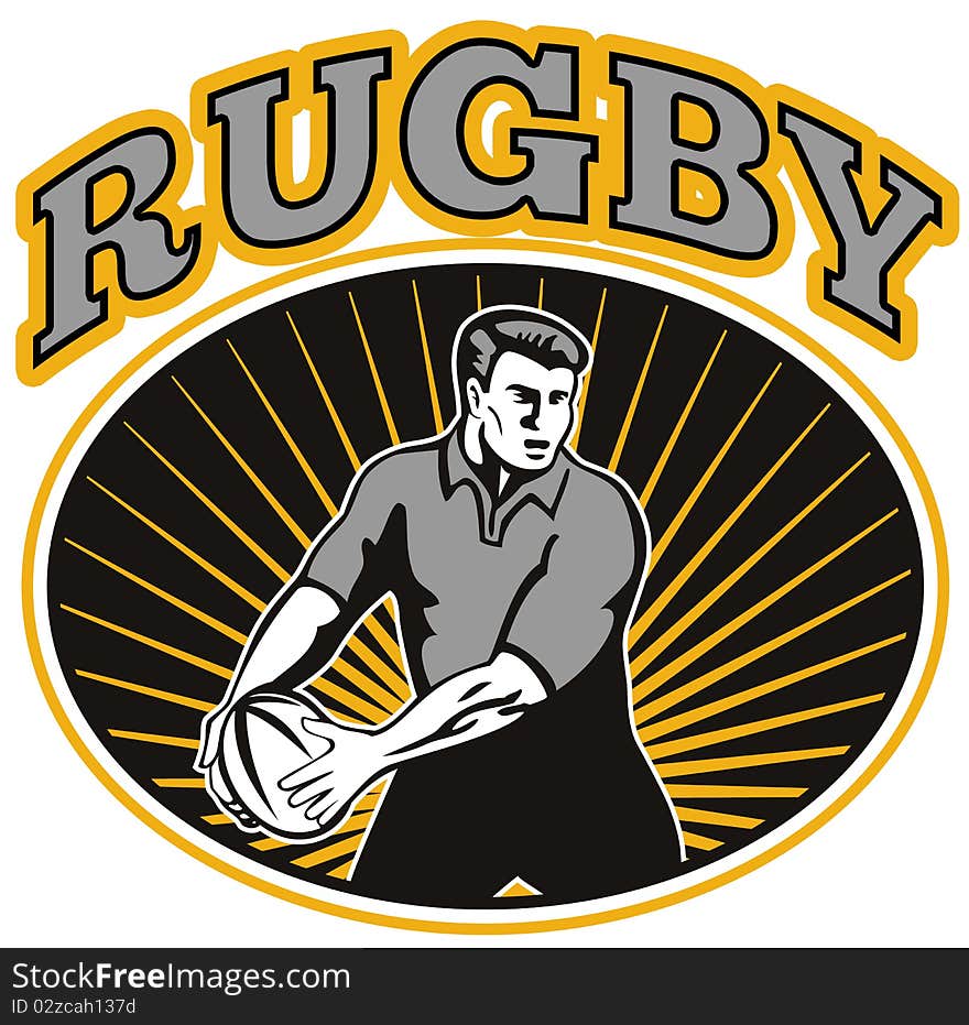 Retro style illustration of a rugby player passing ball viewed from front with ball in background and words rugby