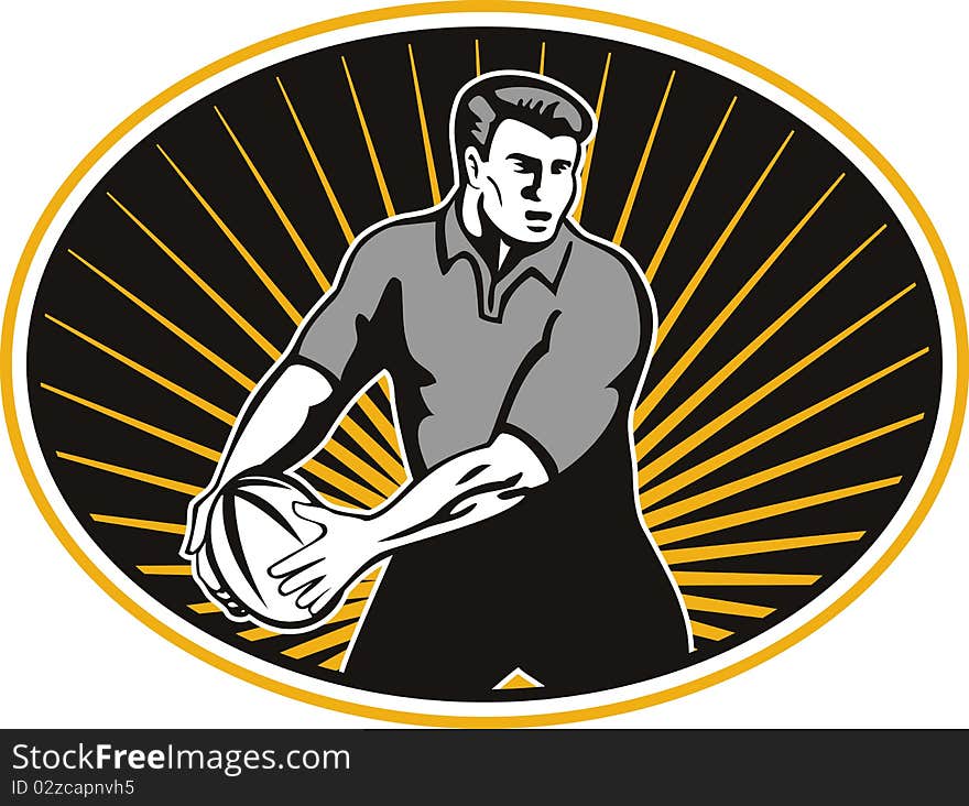 Retro style illustration of a rugby player passing ball viewed from front set inside ellipse