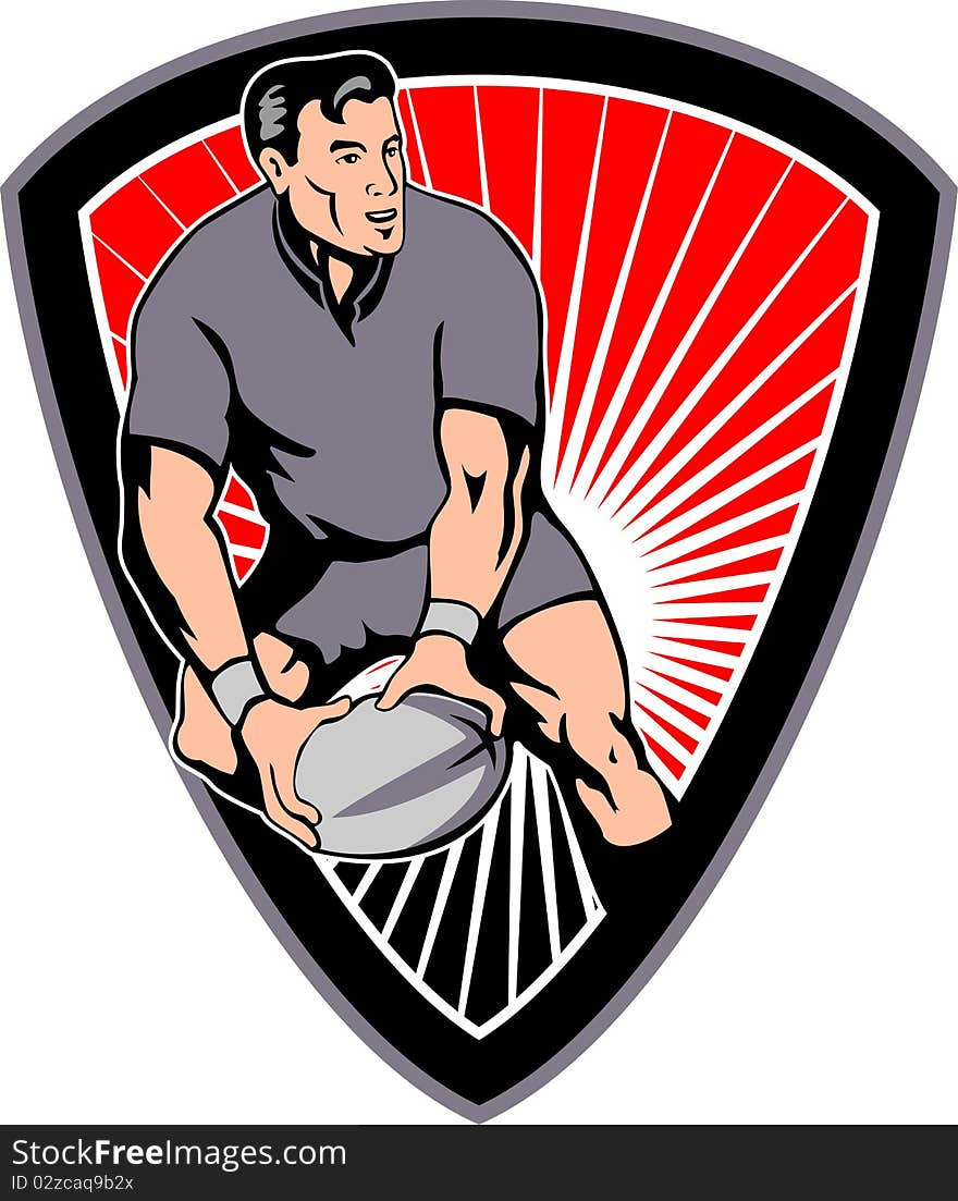 Retro style illustration of a rugby player passing ball viewed from front with shield in background