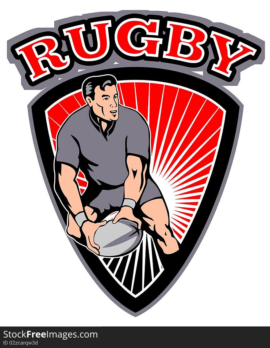 Retro style illustration of a rugby player passing ball with shield in background and words rugby