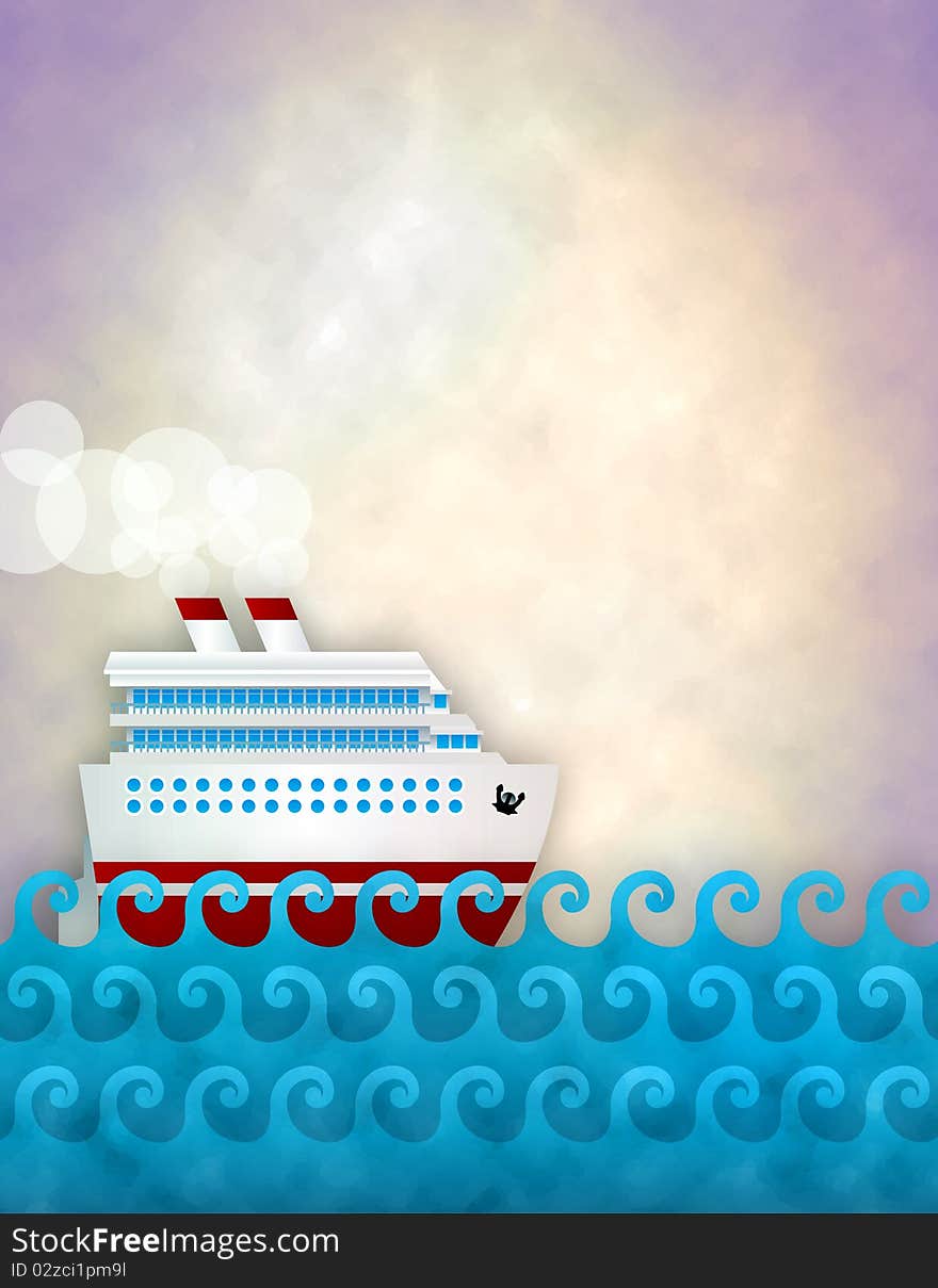 The cruise liner swimming on the waves of the ocean. The cruise liner swimming on the waves of the ocean