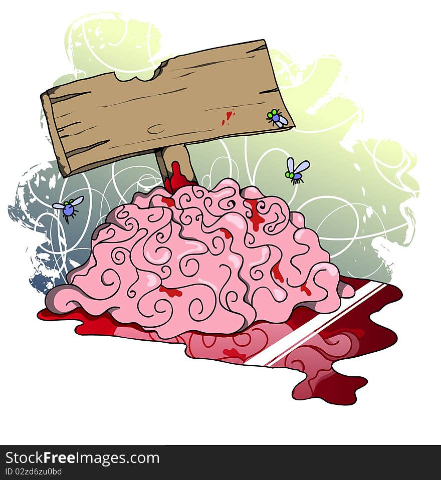 A Large brain left to stew on the floor in blood, with a sign sticking out of the top of it. A Large brain left to stew on the floor in blood, with a sign sticking out of the top of it