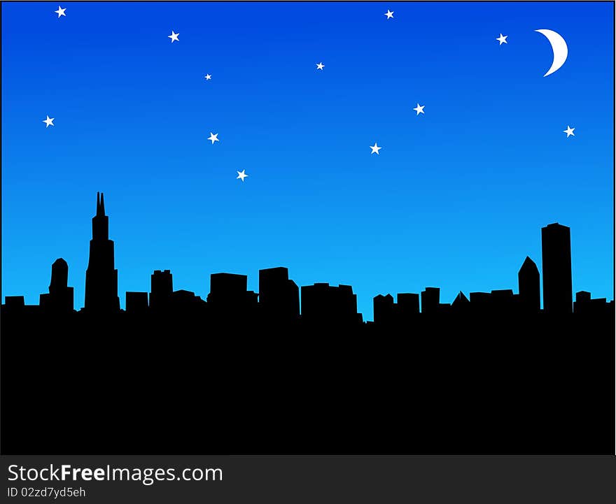 Silouetted city scape at night time with stars and moon. Silouetted city scape at night time with stars and moon