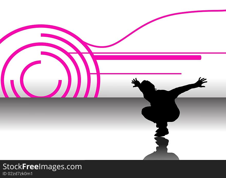 Silhouetted break dancer a against a black and white background with purple swirls. Silhouetted break dancer a against a black and white background with purple swirls