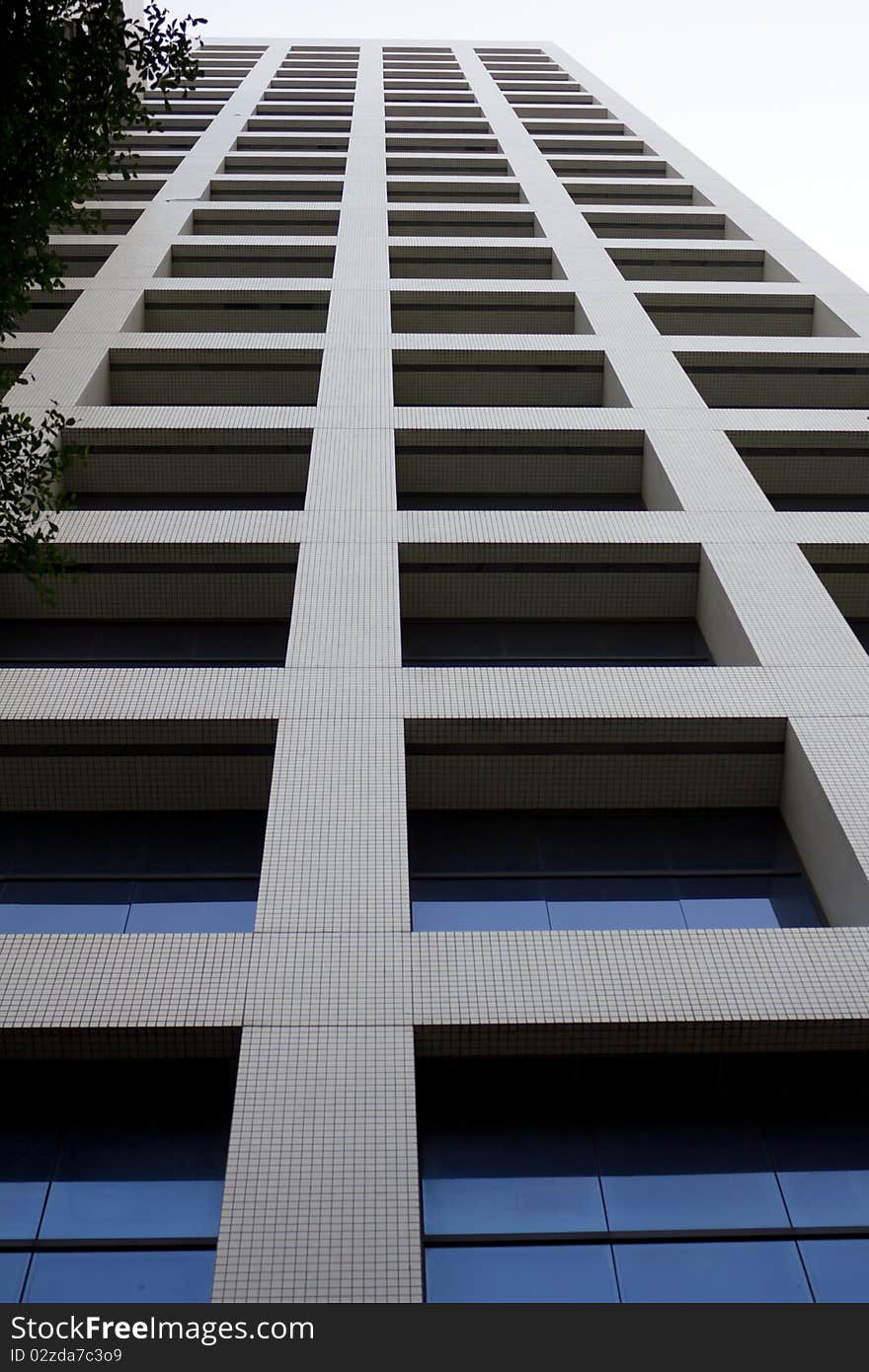 Huge office building windows rise vertically in an abstract pattern with converging lines