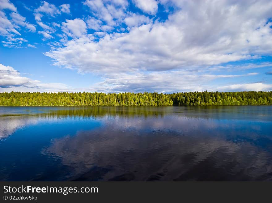 Landscape of Vygozero lake on White Sea - Baltic Sea canal (Belomorkanal), Karelia, Northern Russia.