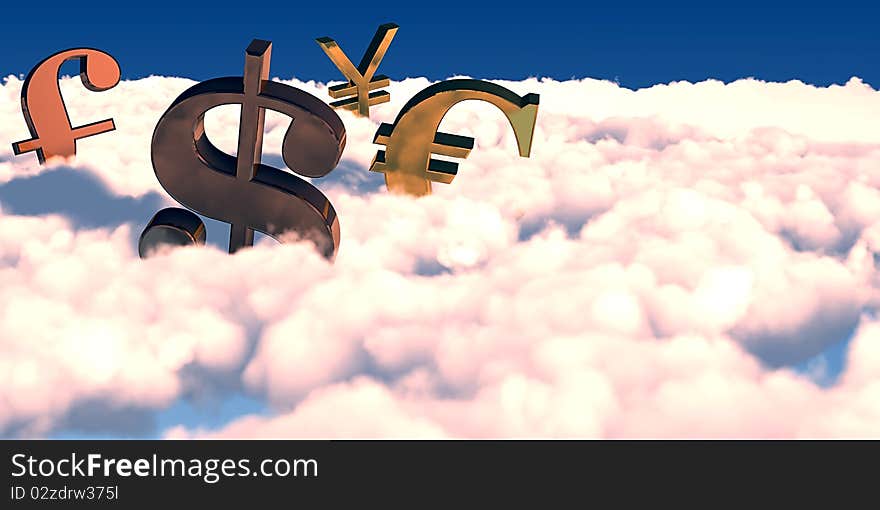 3D major currency symbols floating over the clouds. 3D major currency symbols floating over the clouds