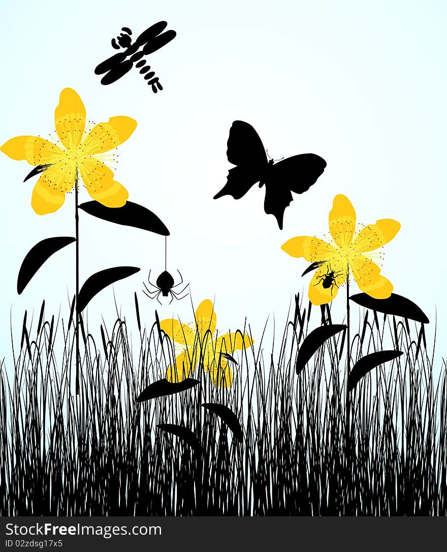 The dragonfly and the butterfly fly. A  illustration. The dragonfly and the butterfly fly. A  illustration