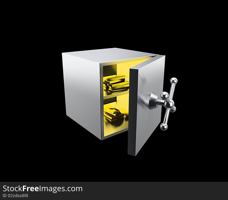 Opened silver safe with gold ingots isolated on black background. Opened silver safe with gold ingots isolated on black background