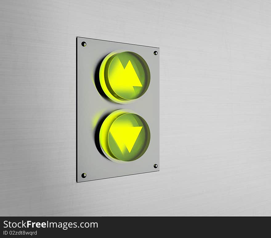 Glowing up and down elevator buttons on metal surface