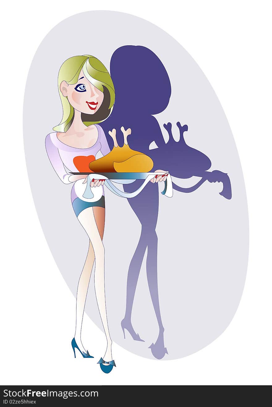 The girl with a dish of stuffed turkey. The girl with a dish of stuffed turkey