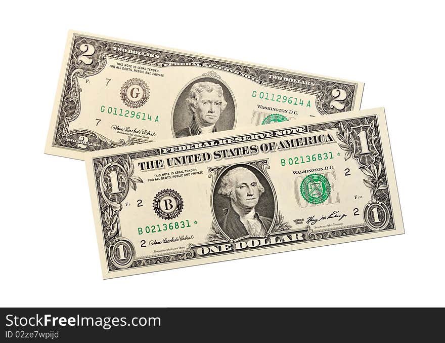 One and two dollars banknotes on a white background. One and two dollars banknotes on a white background.