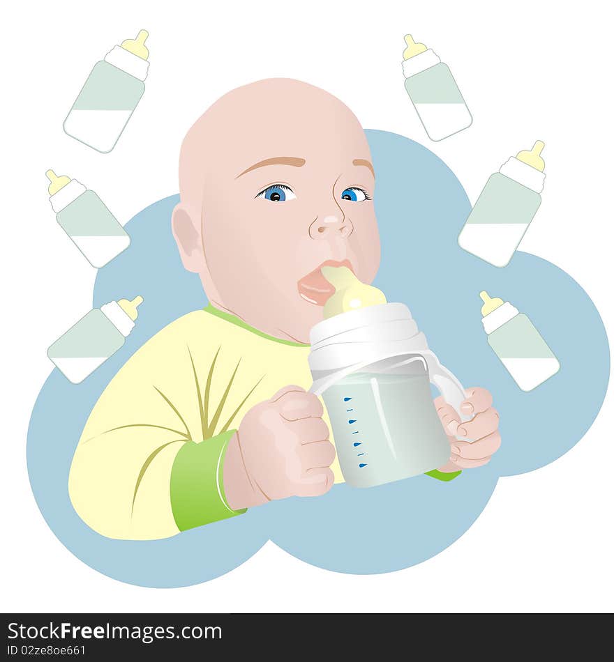 Child boy with a bottle, illustration. Child boy with a bottle, illustration