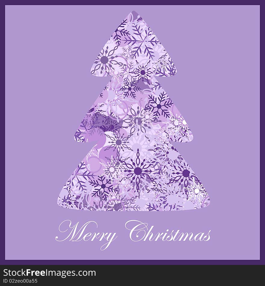 Merry Christmas card with violet christmas tree