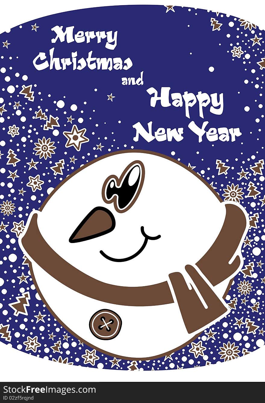 Postcard for Merry Christmas and New Year, featuring a snowman