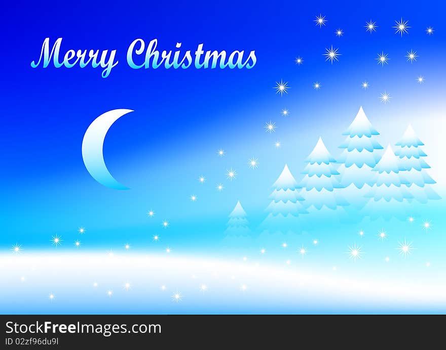 Christmas blue landscape with stars and moon. Christmas blue landscape with stars and moon