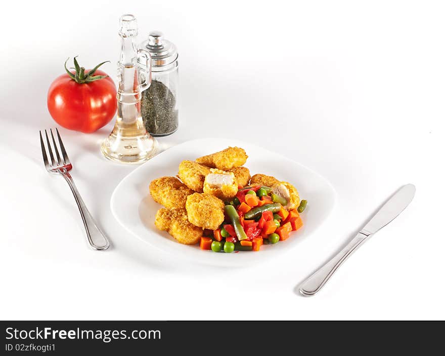 Chicken with side-dish, isolated on white background