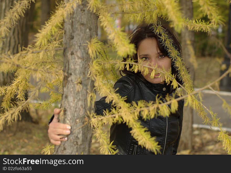 Girl in a coniferous forest leaning against a fir-tree. Girl in a coniferous forest leaning against a fir-tree