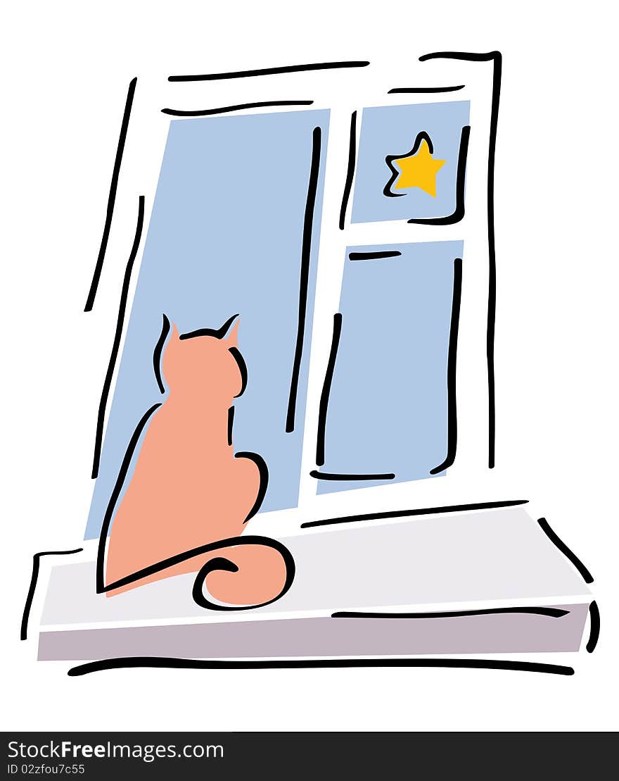 The pink cat sits on a window sill and observes of a star