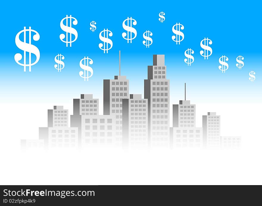 Grey city with white symbols of dollars