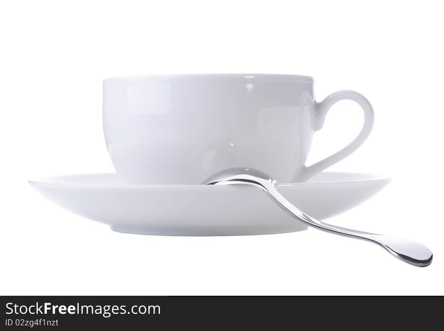 White cup with a saucer on a white background.