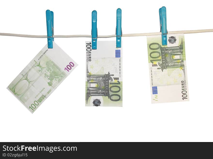 Hundred euros seized clothes pins on a rope. Hundred euros seized clothes pins on a rope