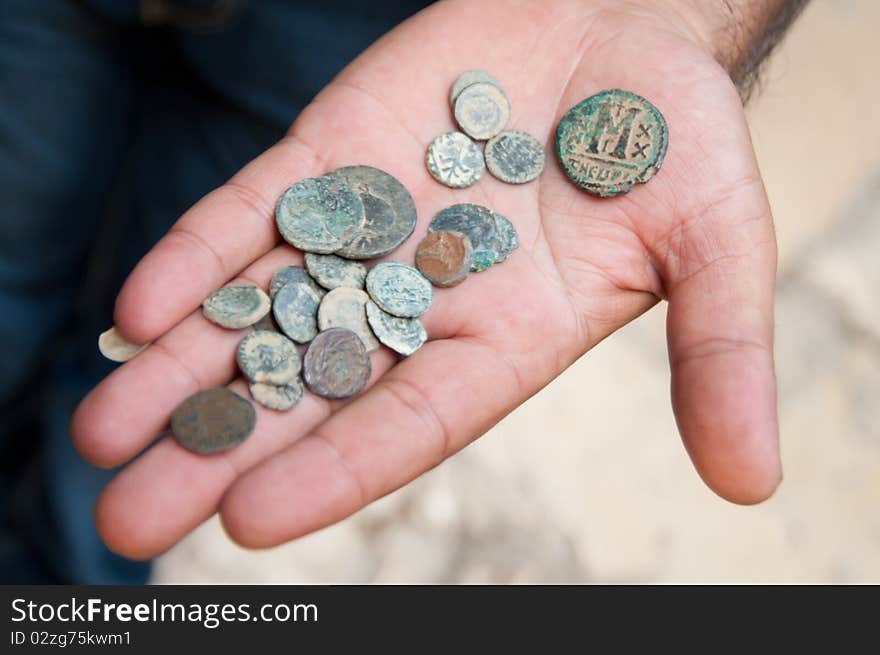 Ancient coins taken from excavations of the 'City of David' in the East Jerusalem neighborhood of Silwan.