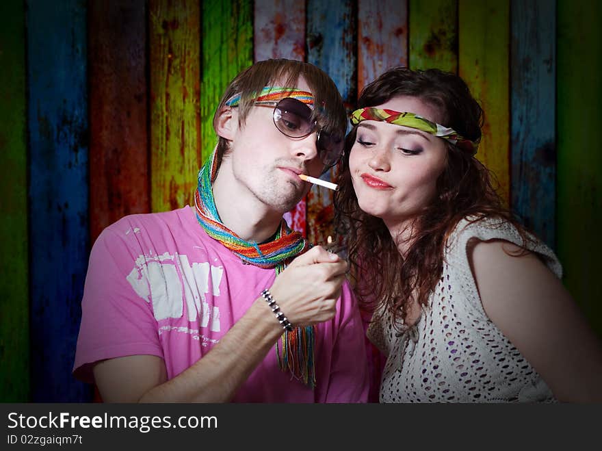 Young man and woman portrait in hippie style. Young man and woman portrait in hippie style