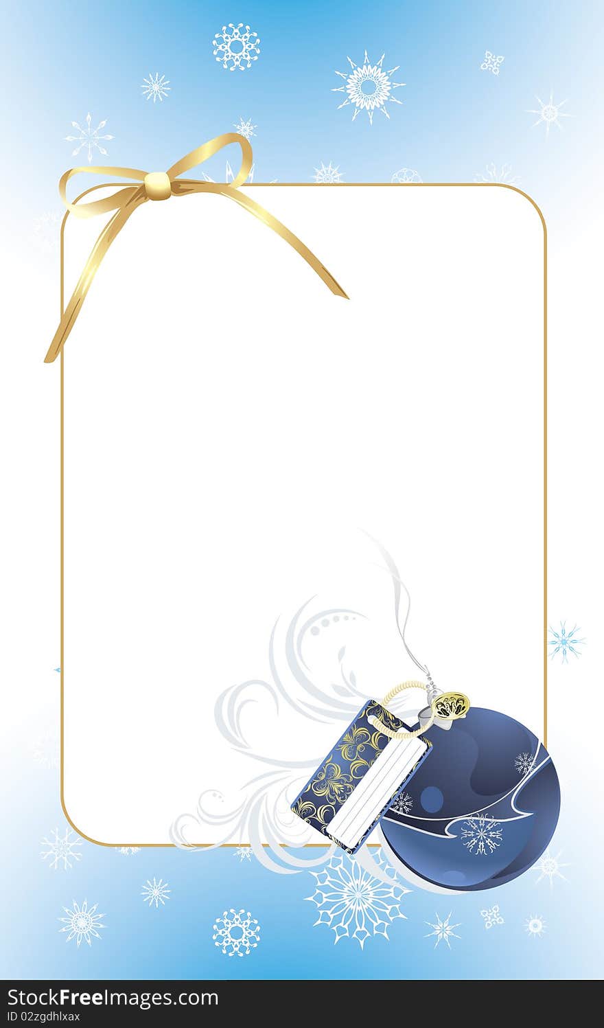 Blue ball with golden bow in the decorative frame. Christmas card. Illustration