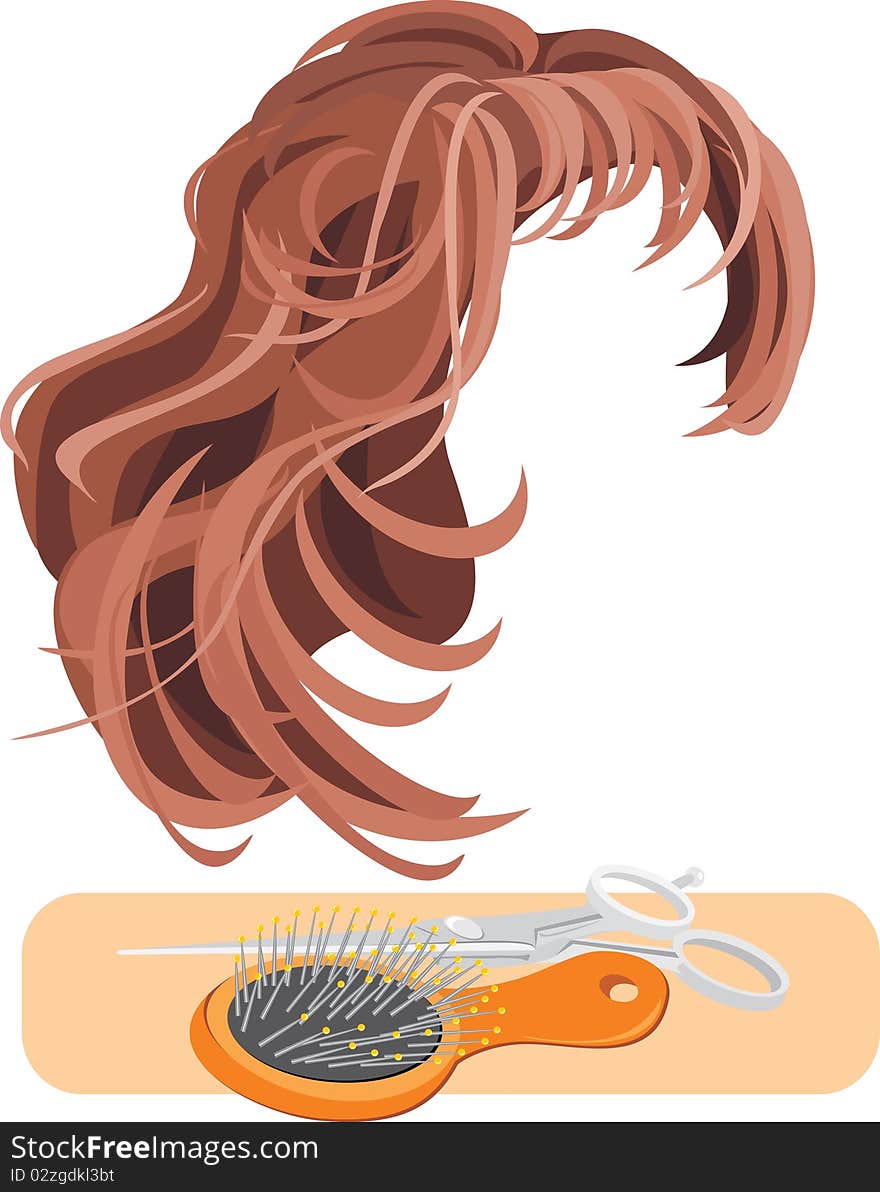 Hair, scissors and hairbrush isolated on the white. Illustration