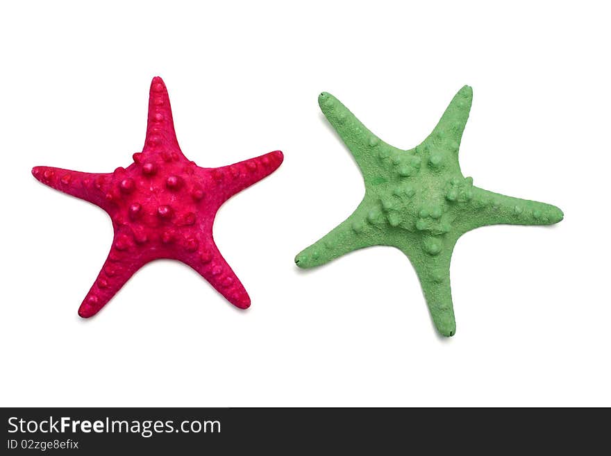 The dried and painted starfishes on a white background