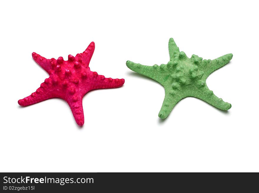 The dried and painted starfishes on a white background