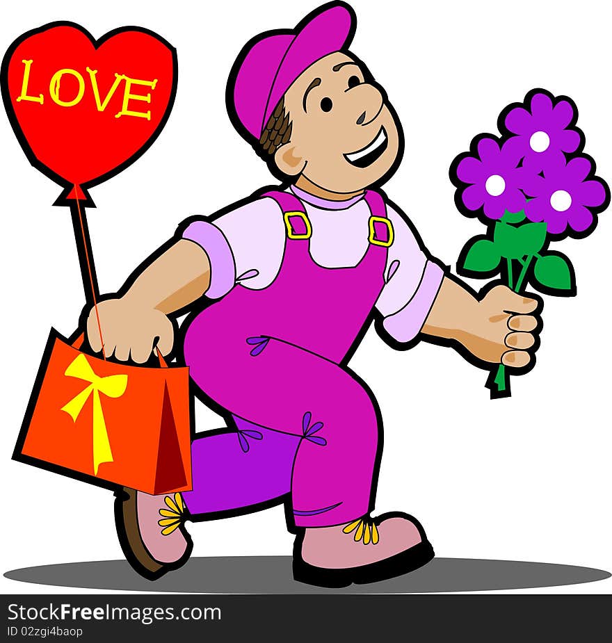 Man cartoon with flower and gift. Man cartoon with flower and gift.