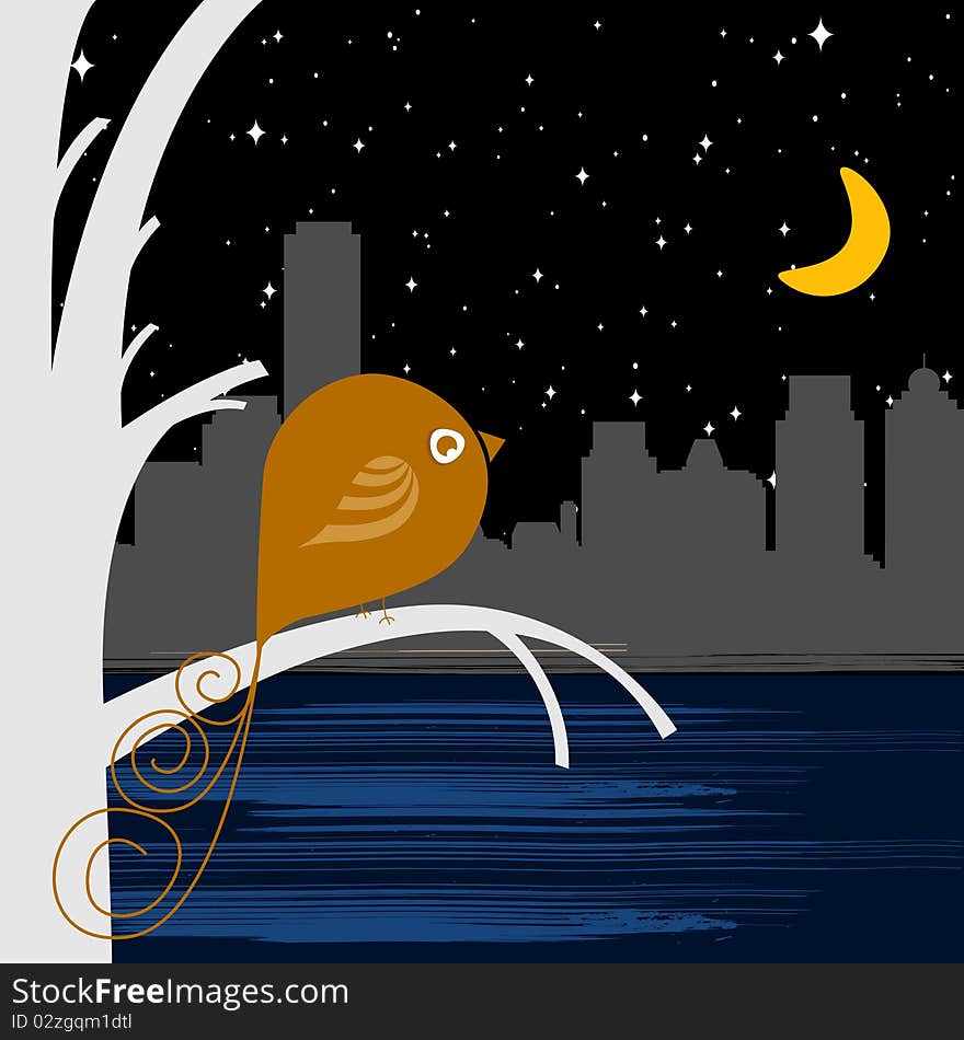 Bird with night city illustration vector