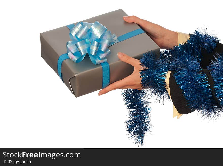 Woman giving a silver box with blue bow as a gift. Woman giving a silver box with blue bow as a gift