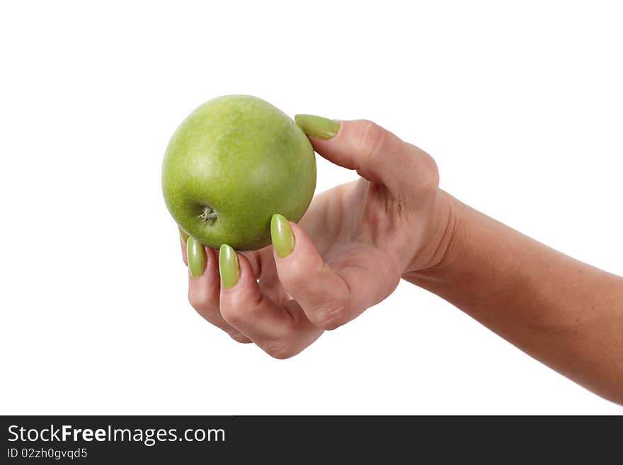 Apple in hand isolated white. Apple in hand isolated white.