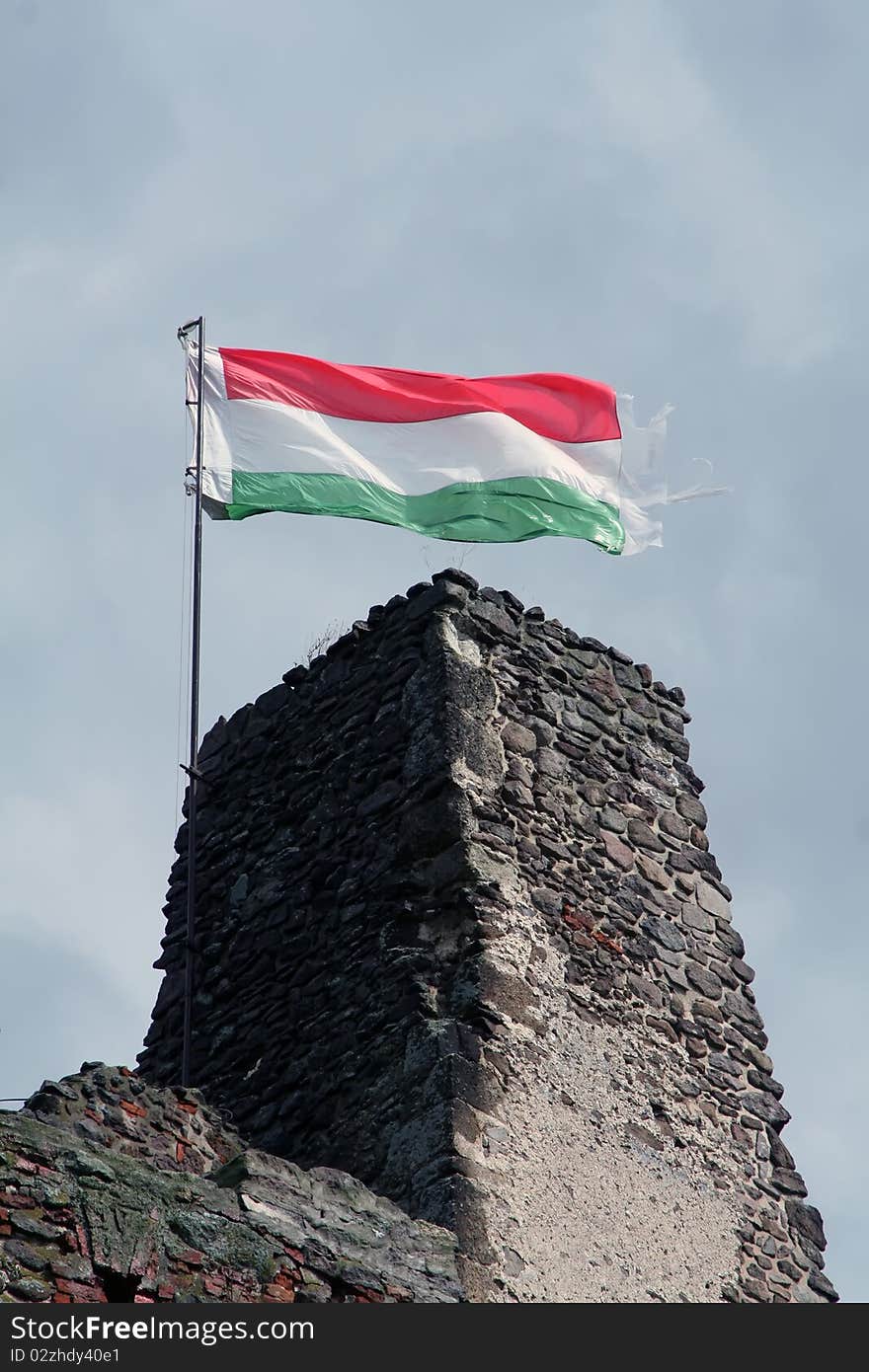 Hungarian flag on the ruin of a castle