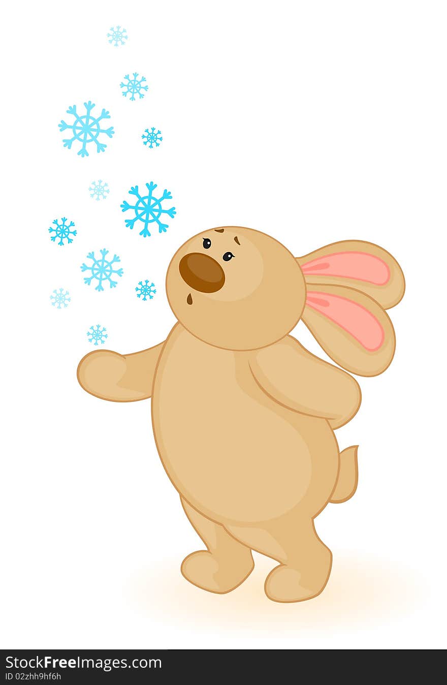 Cartoon little toy bunny with snowflakes