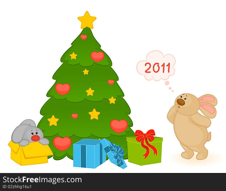 Cartoon little toy bunny with fir-tree