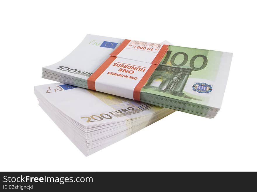 Packs of banknotes of euro isolated on a white background