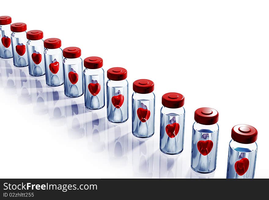 Medical bottles with hearts, life saving industry, 3d